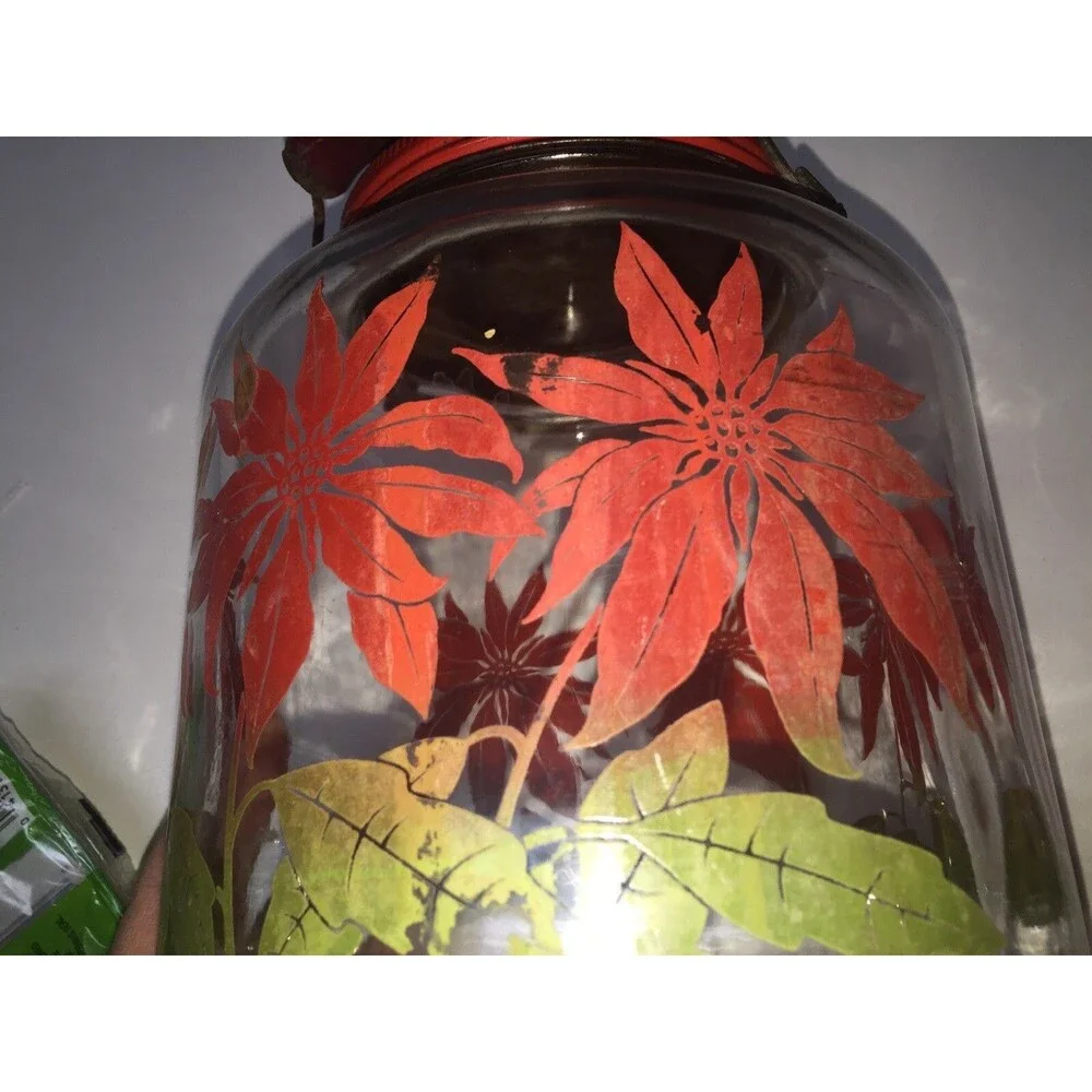 Vintage Christmas Jar w/ Metal Lid, Wooden Handle & 3 Glasses - Poinsettias